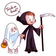 Two girls dressed for Halloween as a ghost and death
