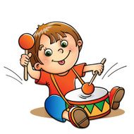 Joyful boy playing the drum isolated on white