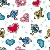 Seamless pattern with hearts and birds