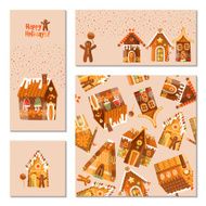 Set of 4 universal cards with festive gingerbread houses Template