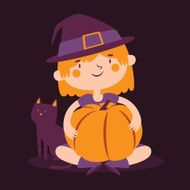 Witch Girl Holding a Pumpkin Next to her Cat