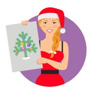 Woman in Santa costume showing picture