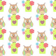 Beautiful seamless pattern with cute owls and birdhouse N3