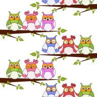 Seamless pattern with owls in the trees