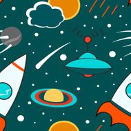 Seamless pattern with outer space rocket comet planets ufo and