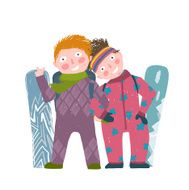 Skiing Sport Child Girl and Boy in Winter Clothes with