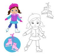 Funny girl in winter clothes on skates a white background