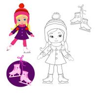 Funny girl in winter clothes on skates a white background N2