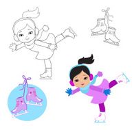 Funny girl in winter clothes on skates a white background N3