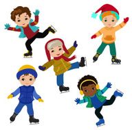 Funny boys in winter clothes ice skating on white background
