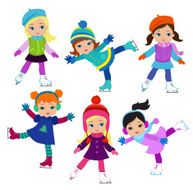 Funny girls in winter clothes ice skating on white background