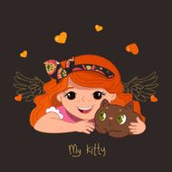 Cute redhead girl and her kitty Vector illustration