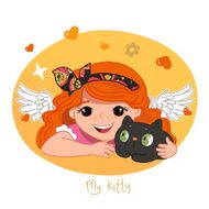 Cute redhead girl and her kitty Vector illustration N2