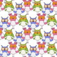 Seamless pattern of colorful owls on a white background N6