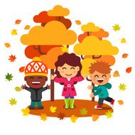 Mixed race kids having fun and playing with leaves