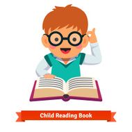 Small boy playing in glasses reading book
