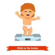 Happy baby toddler in diaper weighting on a scales