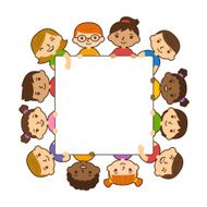 Cartoon children holding banner