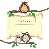 Three cute owls on a tree branch with scroll