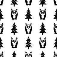 Black and white seamless winter pattern - Xmas trees owls