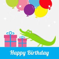 Happy Birthday card with cute alligator giftbox balloons Flat