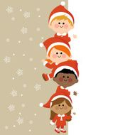 Kids dressed in Christmas costumes holding vertical blank banner