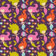 Seamless cute marine pattern made with mermaids fish and seaweed