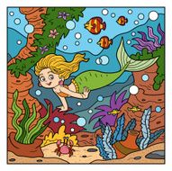 Vector color illustration(little mermaid and sea world)