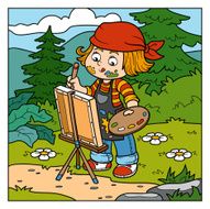 Vector color illustration (Girl artist draws on nature open air