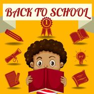 Boy reading book and other school symbols