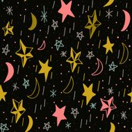 Cute seamless pattern with hand drawn moons and stars