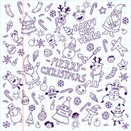 Happy new year doodle set School notebook Vector illustration