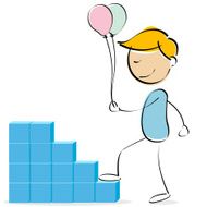 kid climbing blocks with balloons