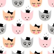 Seamless pattern with funny girlish cats hat crown bow
