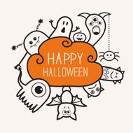 Halloween outline doodle Ghost bat pumpkin spider monster set White