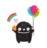 Funny Happy Cute Little Black Monster with Sweets Balloons Rainbow