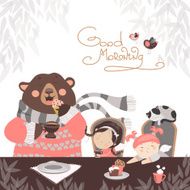 Girls drinking tea with a cute bear
