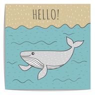 Hand drawn whale in the sea with text Hello