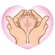 Illustration hands holding baby feet in a heart caucasian