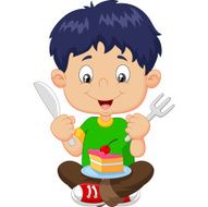 Cartoon boy eating cake isolated on white background