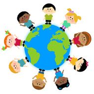 Multi ethnic group of kids standing around the earth