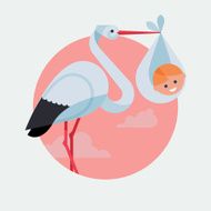 White stork holding smiling newborn baby illustration