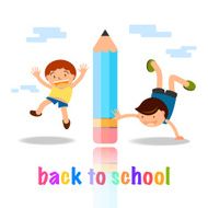 back to school cartoon concept kids playing with pencil illustra