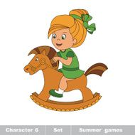 One cartoon baby girl play her rocking horse