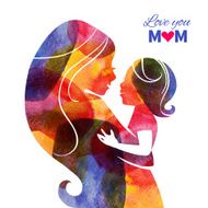 Watercolor mother silhouette with her baby Card of Happy Mother N3