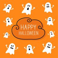 Cute spooky ghosts Halloween card Cloud frame Orange background Flat