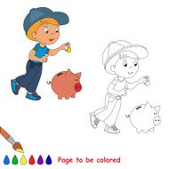 One little baby boy play with coin and piggy bank