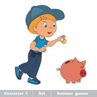 One little baby boy play with piggy bank