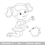 One little baby girl play with coin and piggy bank