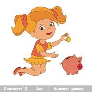 One little baby girl play with coin and piggy bank N2